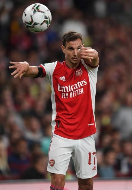Cedric Soares of Arsenal during the Carabao Cup Third Round match between Arsenal and AFC Wimbledon at Emirates Stadium on September 22, 2021 in...