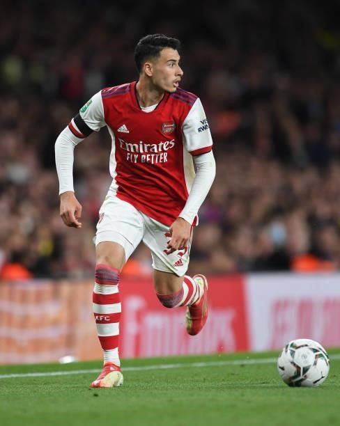 Gabriel Martinelli of Arsenal during the Carabao Cup Third Round match between Arsenal and AFC Wimbledon at Emirates Stadium on September 22, 2021 in...