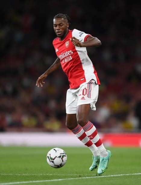 Nuno Tavares of Arsenal during the Carabao Cup Third Round match between Arsenal and AFC Wimbledon at Emirates Stadium on September 22, 2021 in...
