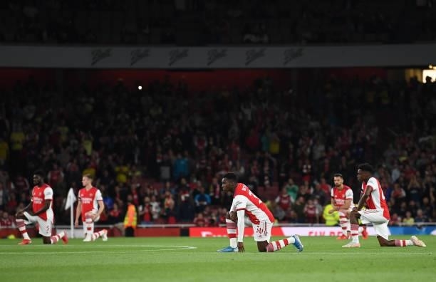 Eddie Nketiah of Arsenal takes a knee during the Carabao Cup Third Round match between Arsenal and AFC Wimbledon at Emirates Stadium on September 22,...