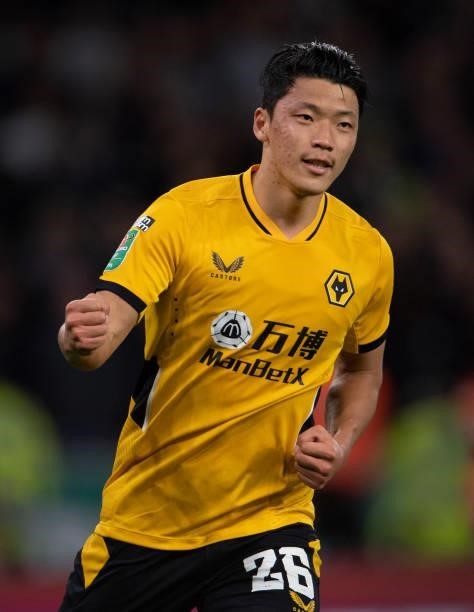 Hee Chan Hwang of Wolverhampton Wanderers celebrates scoring his penalty during the shoot out of the Carabao Cup Third Round match between...