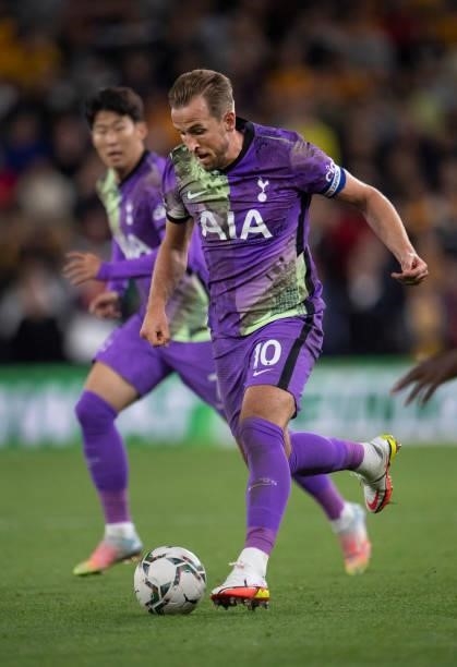 Harry Kane and Heung-Min Son of Tottenham Hotspur in action during the Carabao Cup Third Round match between Wolverhampton Wanderers and Tottenham...