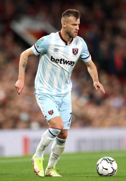 Andriy Yarmalenko of West Ham in possession during the Carabao Cup Third Round match between Manchester United and West Ham United at Old Trafford on...