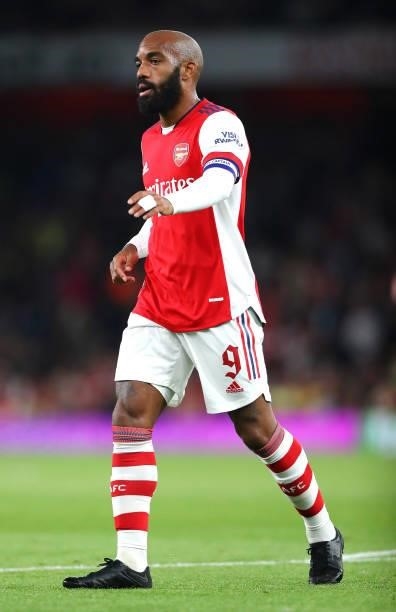 Alexandre Lacazette of Arsenal during the Carabao Cup Third Round match between Arsenal and AFC Wimbledon at Emirates Stadium on September 22, 2021...