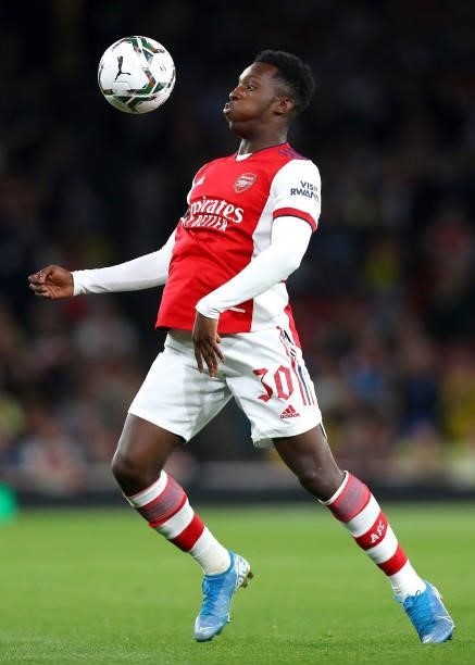 Eddie Nketiah of Arsenal controls the ball during the Carabao Cup Third Round match between Arsenal and AFC Wimbledon at Emirates Stadium on...