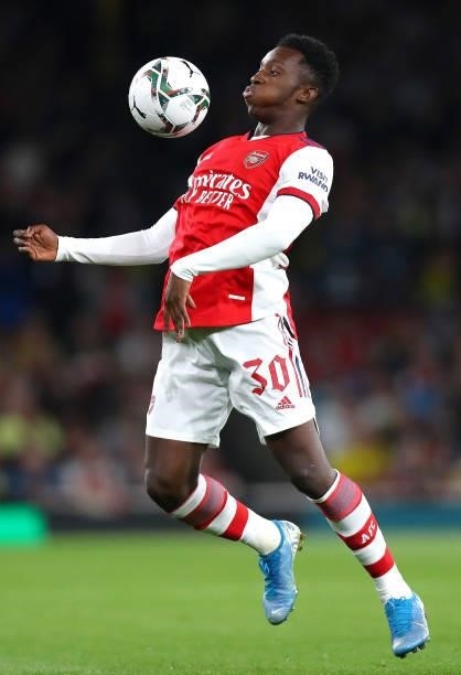 Eddie Nketiah of Arsenal controls the ball during the Carabao Cup Third Round match between Arsenal and AFC Wimbledon at Emirates Stadium on...