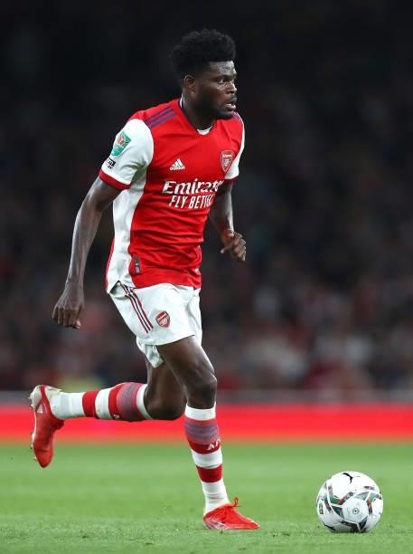Thomas Partley of Arsenal controls the ball during the Carabao Cup Third Round match between Arsenal and AFC Wimbledon at Emirates Stadium on...