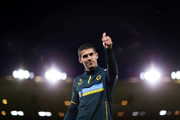 Conor Coady of Wolverhampton Wanderers gives a thumbs up ahead of the Carabao Cup Third Round match between Wolverhampton Wanderers and Tottenham...