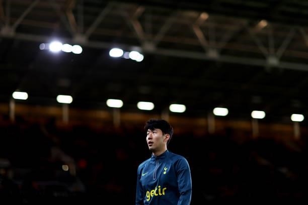 Son Heung-Min of Tottenham Hotspur walks off the pitch ahead of the Carabao Cup Third Round match between Wolverhampton Wanderers and Tottenham...