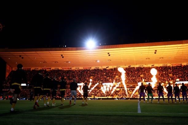 General view as Ruben Neves of Wolverhampton Wanderers leads the team out onto the pitch ahead of the Carabao Cup Third Round match between...