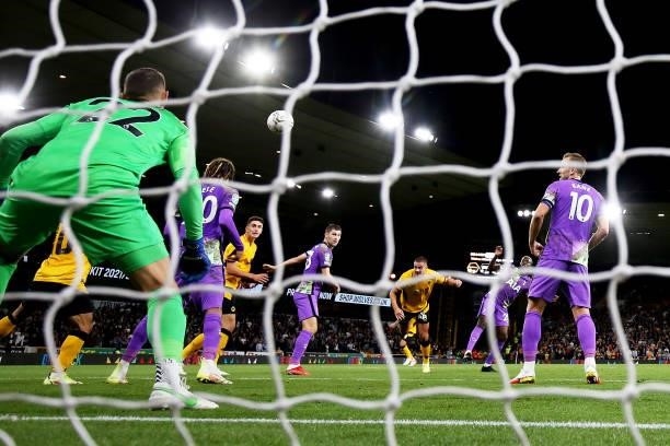 Leander Dendoncker of Wolverhampton Wanderers scores his team's first goal during the Carabao Cup Third Round match between Wolverhampton Wanderers...