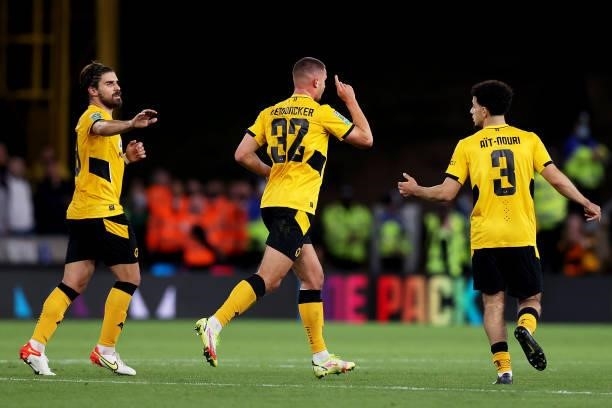 Leander Dendoncker of Wolverhampton Wanderers celebrates after scoring his team's first goal during the Carabao Cup Third Round match between...