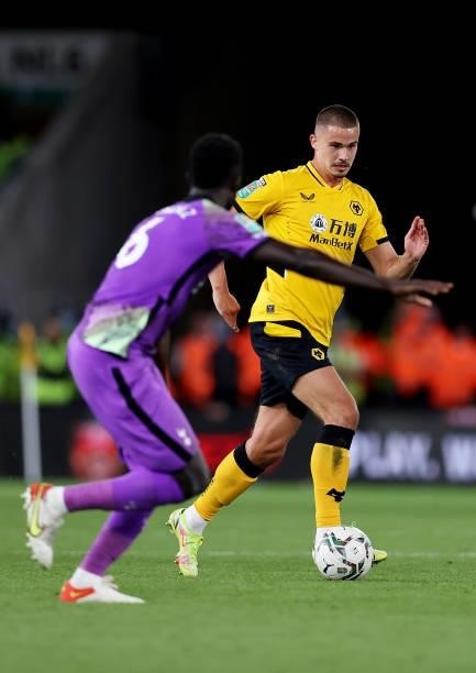 Leander Dendoncker of Wolverhampton Wanderers runs with the ball during the Carabao Cup Third Round match between Wolverhampton Wanderers and...