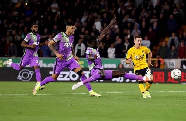 Daniel Podence of Wolverhampton Wanderers scores his team's second goal during the Carabao Cup Third Round match between Wolverhampton Wanderers and...