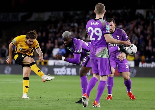 Ruben Neves of Wolverhampton Wanderers shoots during the Carabao Cup Third Round match between Wolverhampton Wanderers and Tottenham Hotspur at...