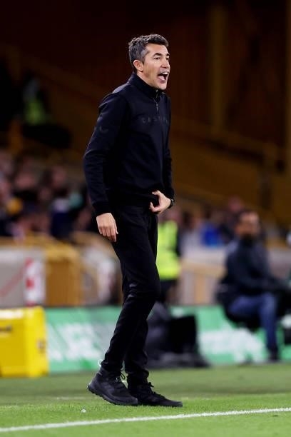Bruno Lage, Manager of Wolverhampton Wanderers gives his team instructions during the Carabao Cup Third Round match between Wolverhampton Wanderers...