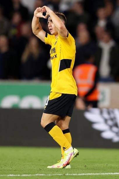 Daniel Podence of Wolverhampton Wanderers celebrates after scoring his team's second goal during the Carabao Cup Third Round match between...