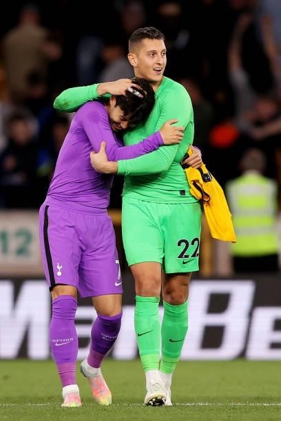Son Heung-Min of Tottenham Hotspur celebrates victory with Pierluigi Gollini of Tottenham Hotspur during the Carabao Cup Third Round match between...