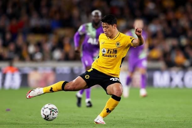 Hee-chan Hwang of Wolverhampton Wanderers in action during the Carabao Cup Third Round match between Wolverhampton Wanderers and Tottenham Hotspur at...
