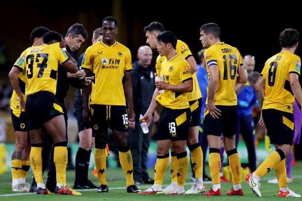 Bruno Lage, Manager of Wolverhampton Wanderers speaks to his players during the Carabao Cup Third Round match between Wolverhampton Wanderers and...