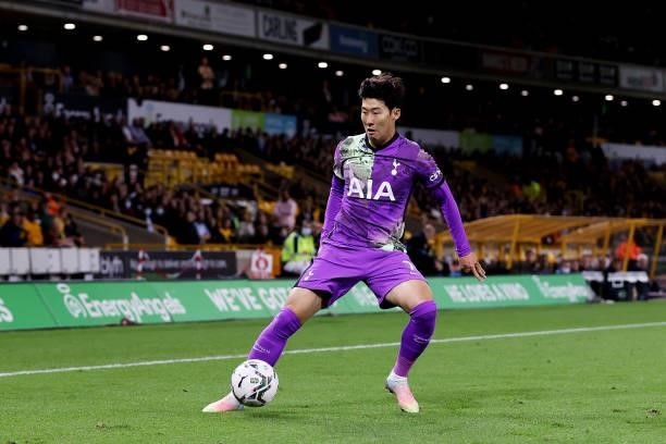 Son Heung-Min of Tottenham Hotspur controls the ball during the Carabao Cup Third Round match between Wolverhampton Wanderers and Tottenham Hotspur...