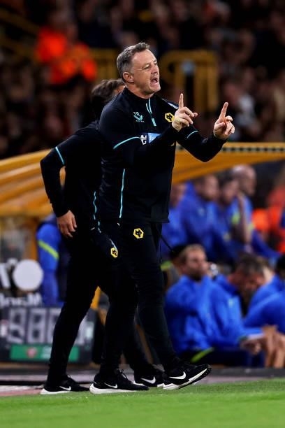 Tony Roberts, Goalkeeper Coach of Wolverhampton Wanderers gives instructions during the Carabao Cup Third Round match between Wolverhampton Wanderers...