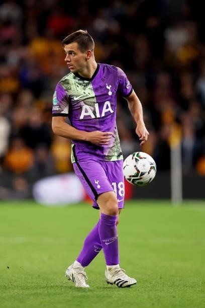 Giovani Lo Celso of Tottenham Hotspur controls the ball during the Carabao Cup Third Round match between Wolverhampton Wanderers and Tottenham...