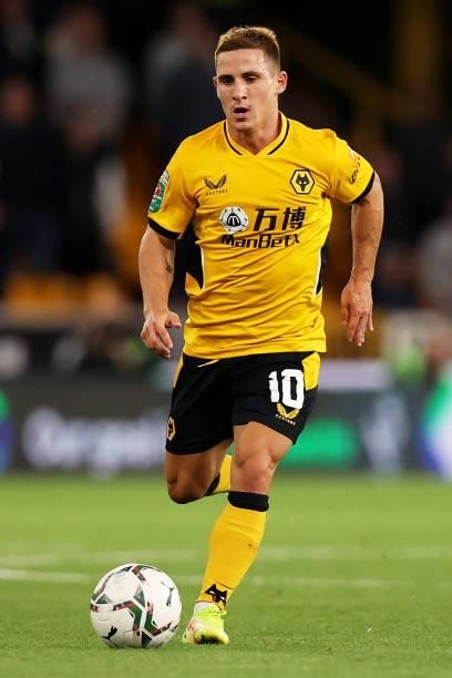 Daniel Podence of Wolverhampton Wanderers runs with the ball during the Carabao Cup Third Round match between Wolverhampton Wanderers and Tottenham...