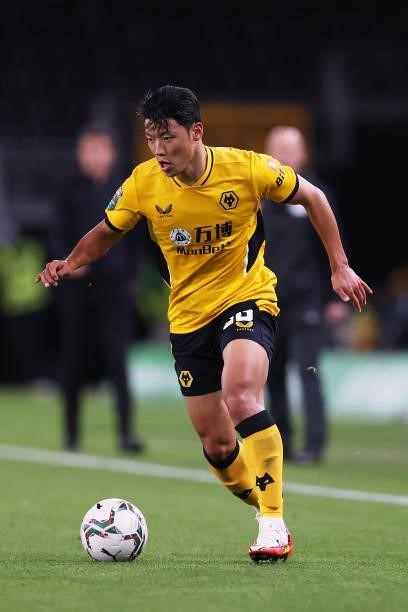 Hee-chan Hwang of Wolverhampton Wanderers runs with the ball during the Carabao Cup Third Round match between Wolverhampton Wanderers and Tottenham...