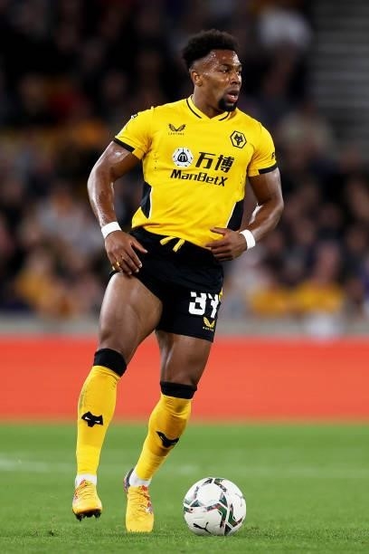Adama Traore of Wolverhampton Wanderers runs with the ball during the Carabao Cup Third Round match between Wolverhampton Wanderers and Tottenham...