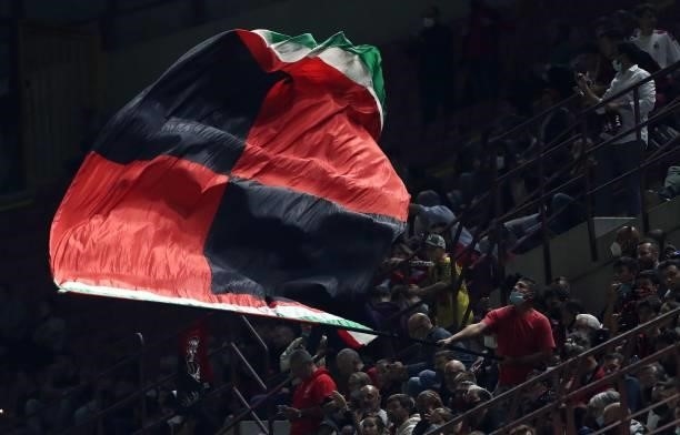 The AC Milan fan show their support before the Serie A match between AC Milan and Venezia FC at Stadio Giuseppe Meazza on September 22, 2021 in...