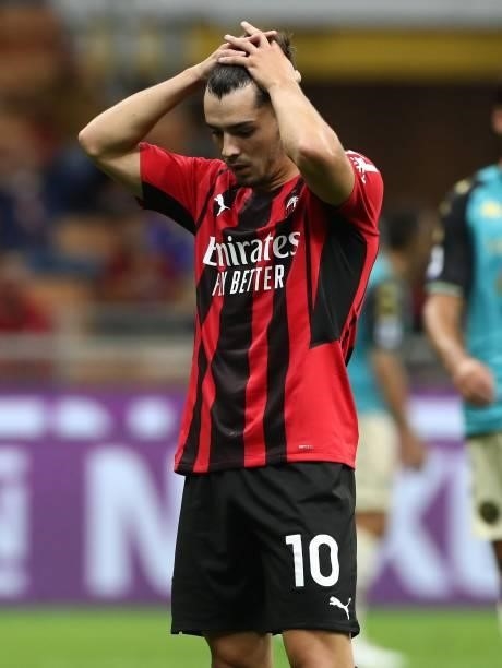 Brahim Diaz of AC Milan reacts during the Serie A match between AC Milan and Venezia FC at Stadio Giuseppe Meazza on September 22, 2021 in Milan,...