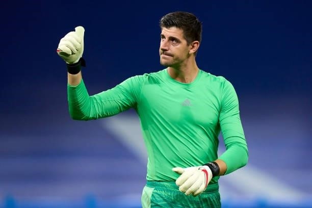 Thibaut Courtois of Real Madrid CF aknowledges the fans after the game during the La Liga Santander match between Real Madrid CF and RCD Mallorca at...