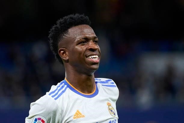 Vinicius Junior of Real Madrid CF reacts after missing a chance during the La Liga Santander match between Real Madrid CF and RCD Mallorca at Stadium...