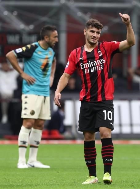 Brahim Diaz of AC Milan gestures during the Serie A match between AC Milan and Venezia FC at Stadio Giuseppe Meazza on September 22, 2021 in Milan,...