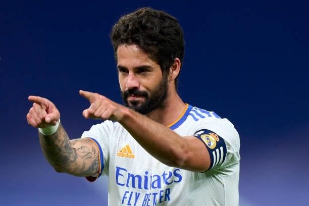 Isco of Real Madrid CF celebrates after scoring his team's forth goal during the La Liga Santander match between Real Madrid CF and RCD Mallorca at...