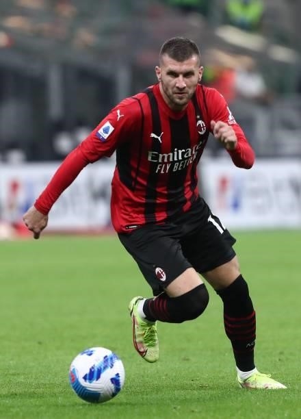 Ante Rebic of AC Milan in action during the Serie A match between AC Milan and Venezia FC at Stadio Giuseppe Meazza on September 22, 2021 in Milan,...