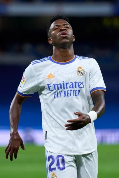 Vinicius Junior of Real Madrid CF reacts after missing a chance during the La Liga Santander match between Real Madrid CF and RCD Mallorca at Stadium...