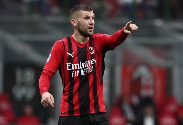 Ante Rebic of AC Milan gestures during the Serie A match between AC Milan and Venezia FC at Stadio Giuseppe Meazza on September 22, 2021 in Milan,...