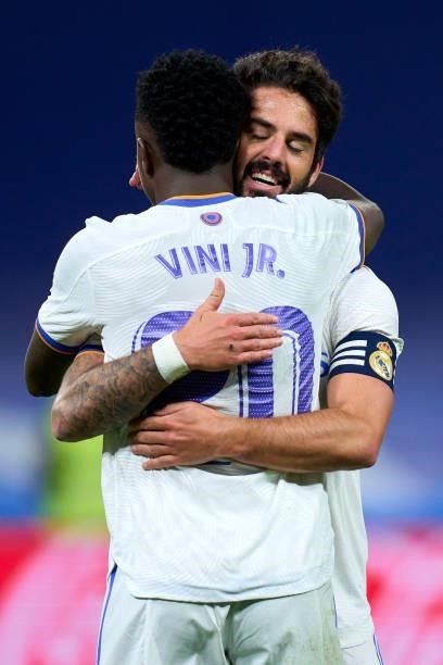 Isco of Real Madrid CF celebrates after scoring his team's fourth goal during the La Liga Santander match between Real Madrid CF and RCD Mallorca at...