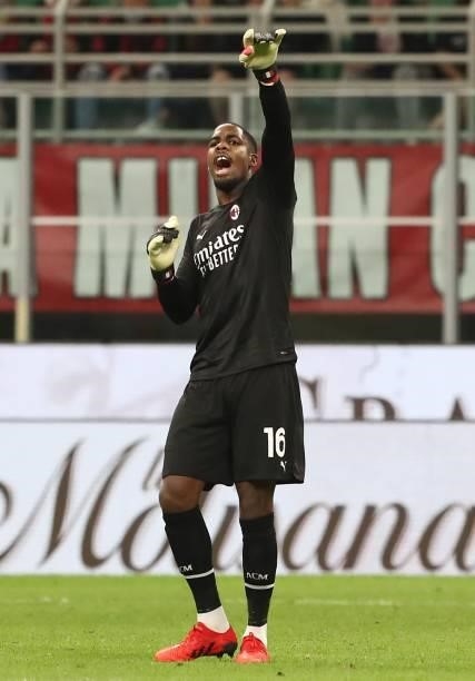 Mike Maignan of AC Milan shouts during the Serie A match between AC Milan and Venezia FC at Stadio Giuseppe Meazza on September 22, 2021 in Milan,...