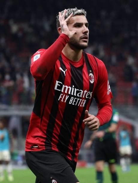 Theo Hernandez of AC Milan celebrates his goal during the Serie A match between AC Milan and Venezia FC at Stadio Giuseppe Meazza on September 22,...