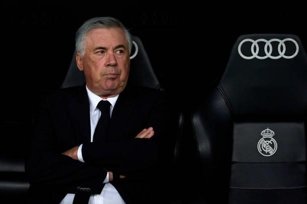 Ancelotti head Coach of Real Madrid CF looks on prior the game during the La Liga Santander match between Real Madrid CF and RCD Mallorca at Stadium...