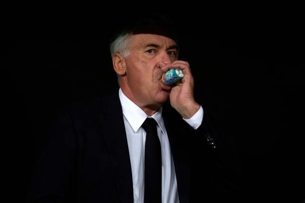 Ancelotti head Coach of Real Madrid CF taking a few mentos prior the game during the La Liga Santander match between Real Madrid CF and RCD Mallorca...