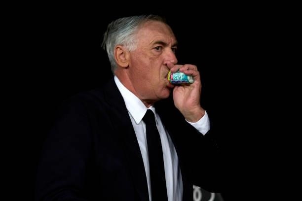 Ancelotti head Coach of Real Madrid CF taking a few mentos prior the game during the La Liga Santander match between Real Madrid CF and RCD Mallorca...