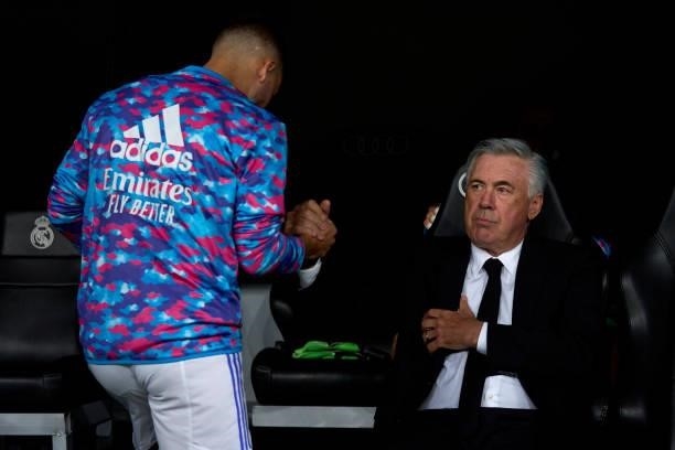 Ancelotti head Coach and Eden Hazard of Real Madrid CF salutes prior the game during the La Liga Santander match between Real Madrid CF and RCD...