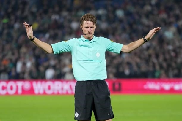 Referee Martin van den Kerkhof reacts during the Dutch Eredivisie match between Feyenoord and SC Heerenveen at Stadion Feijenoord De Kuip on...