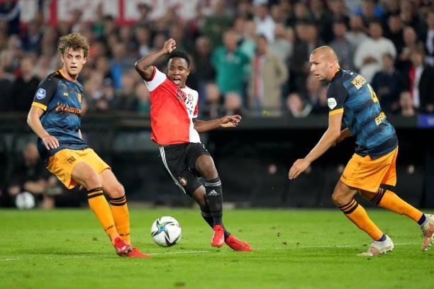 Nicolas Madsen of SC Heerenveen and Sven van Beek of SC Heerenveen pressures Luis Sinisterra of Feyenoord during the Dutch Eredivisie match between...