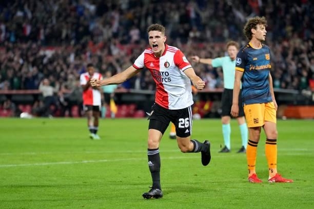 Guus Til of Feyenoord celebrates after score the first goal of his team during the Dutch Eredivisie match between Feyenoord and SC Heerenveen at...