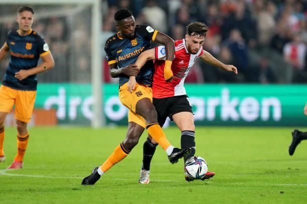 Anthony Musaba of SC Heerenveen battles for the ball with Orkun Kokcu of Feyenoord during the Dutch Eredivisie match between Feyenoord and SC...